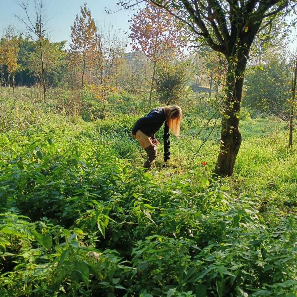 La signora fa i bisogni nel bosco